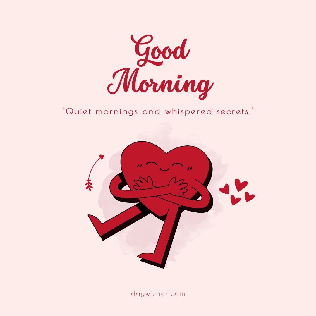 A cute good morning heart image featuring a cartoon heart character hugging itself with a happy expression. The background is light pink, and small hearts float nearby. The text "Good Morning" is displayed at the top, along with the quote, "Quiet mornings and whispered secrets." This adorable and loving image is perfect for sending warm and affectionate morning greetings.