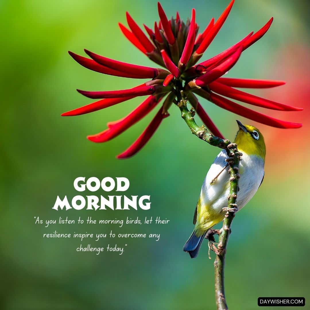 A small yellow bird perched gracefully on a striking red flower against a lush green background, with the text 'Good Morning - As you listen to the morning birds, let their resilience inspire you to overcome any challenge today.'