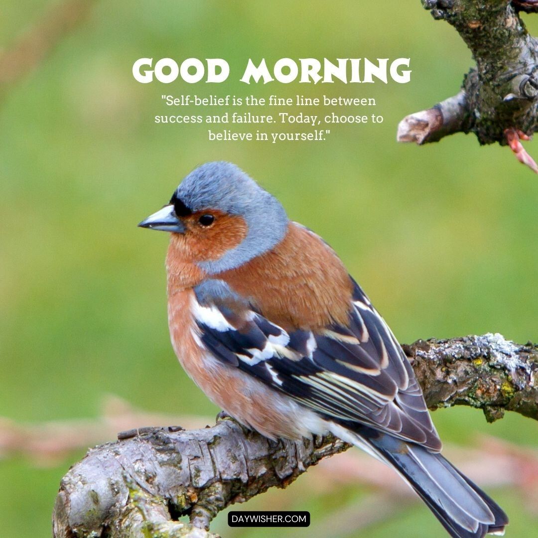 A colorful chaffinch perched on a gnarled branch, showcasing its detailed plumage in shades of brown, orange, and blue-grey, set against a natural green backdrop, with the motivational text 'Good Morning - Self-belief is the fine line between success and failure. Today, choose to believe in yourself.'