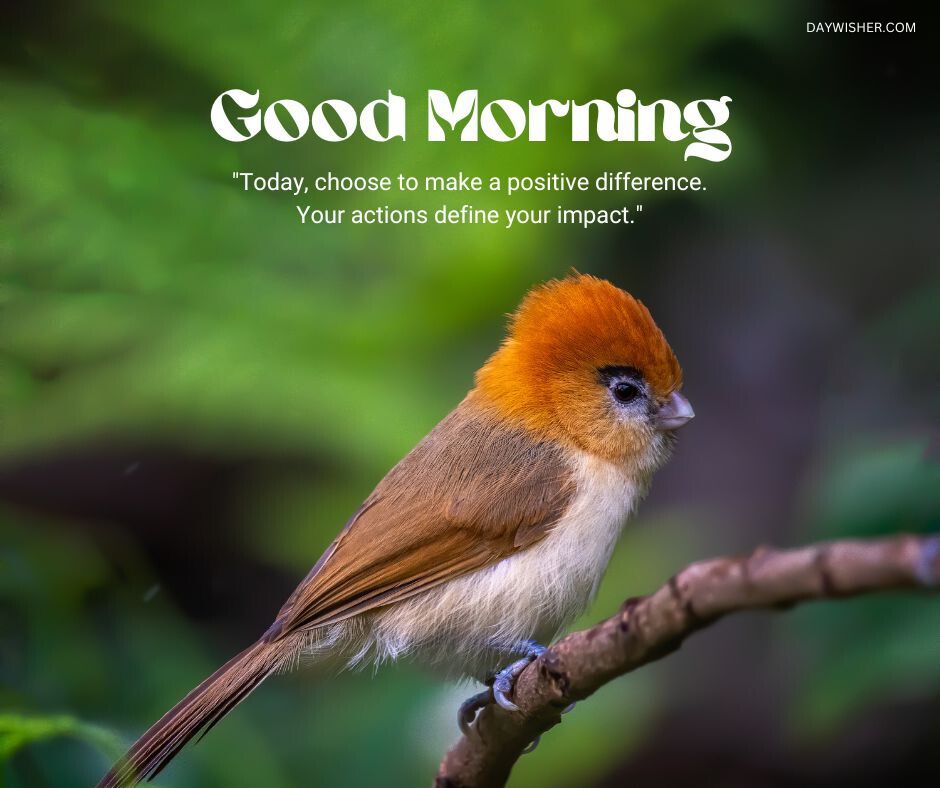 A serene image of a small bird with a bright orange head and brown body perched on a twig, set against a lush green backdrop, accompanied by the motivational text 'Good Morning - Today, choose to make a positive difference. Your actions define your impact.'