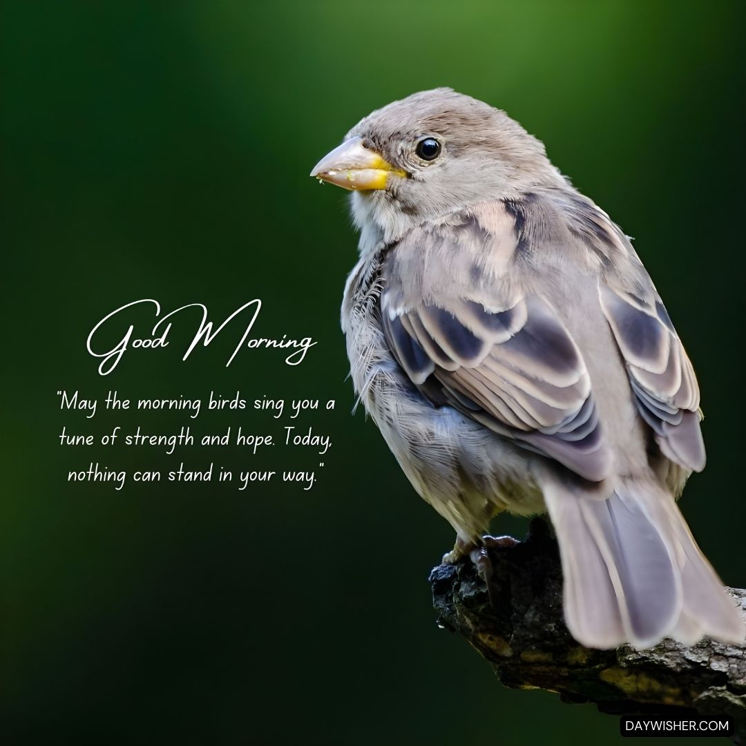 Good Morning - A serene image of a small sparrow perched on a branch against a soft green background. The text 'May the morning birds sing you a tune of strength and hope. Today, nothing can stand in your way.' encapsulates a message of resilience and optimism, perfect for starting the day with a positive mindset.