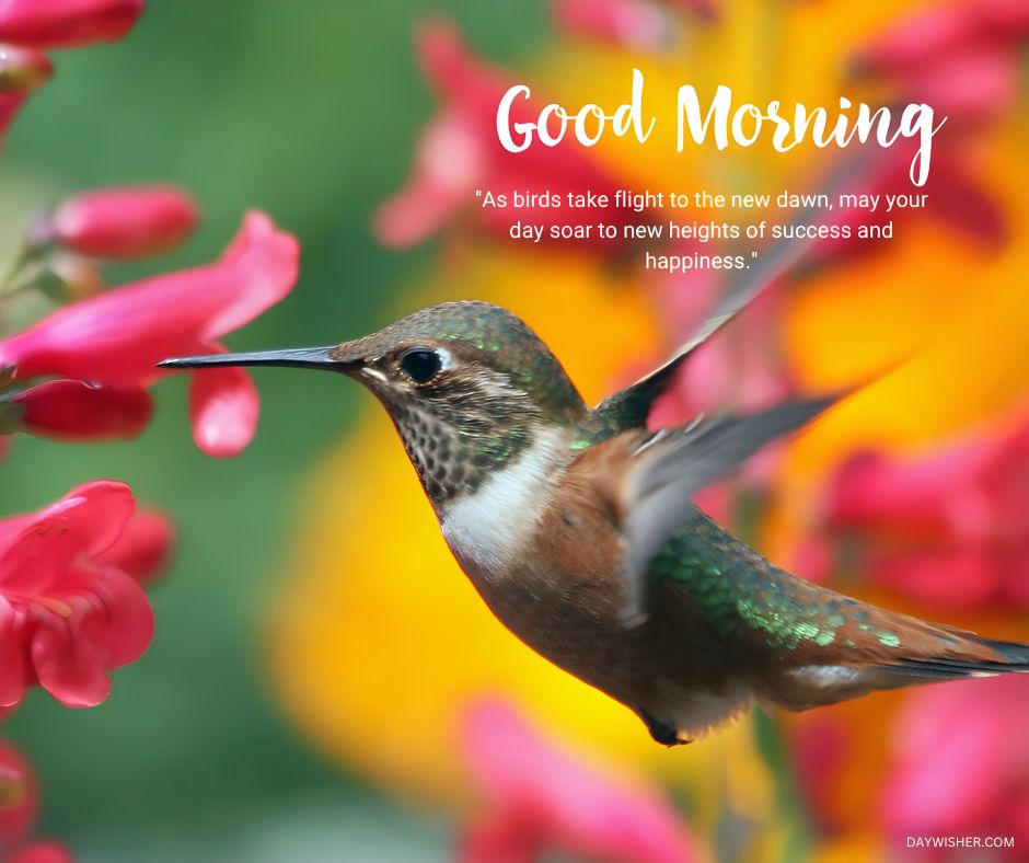 A vivid image of a hummingbird hovering near bright pink flowers, with a backdrop of lush greens and vibrant yellows. The bird's delicate features and iridescent feathers are captured in stunning detail. Accompanying the image is a motivational quote, "As birds take flight to the new dawn, may your day soar to new heights of success and happiness," enhancing the uplifting morning message.