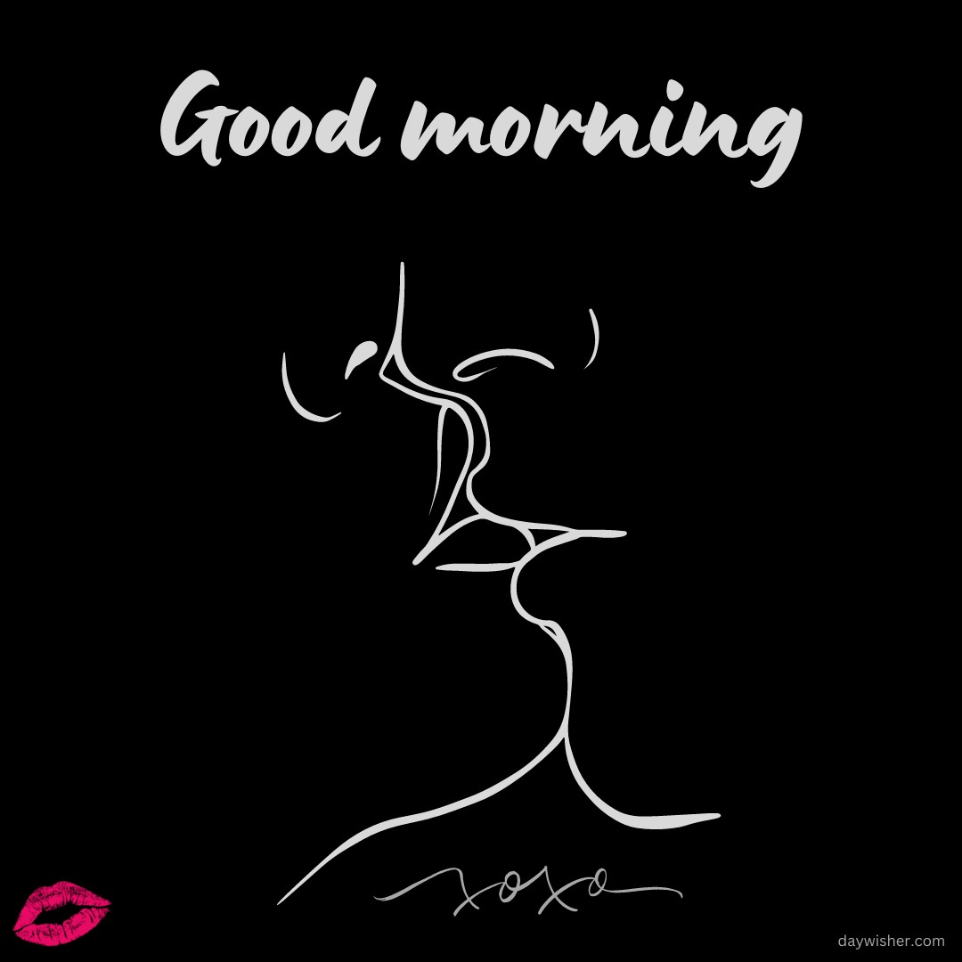 A minimalist line art illustration of a couple sharing a kiss, set against a black background with the words "Good Morning" written above in a stylish font. The design also features a small pink lip print in the corner, making it a chic and modern choice for expressing morning affection.