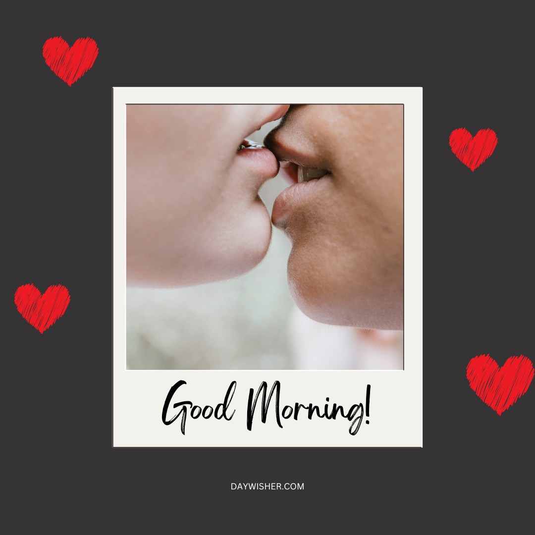 A close-up image of a couple sharing a gentle kiss, framed in a polaroid style with the text "Good Morning!" at the bottom. Red hearts decorate the corners, making this image perfect for a loving and intimate morning greeting.