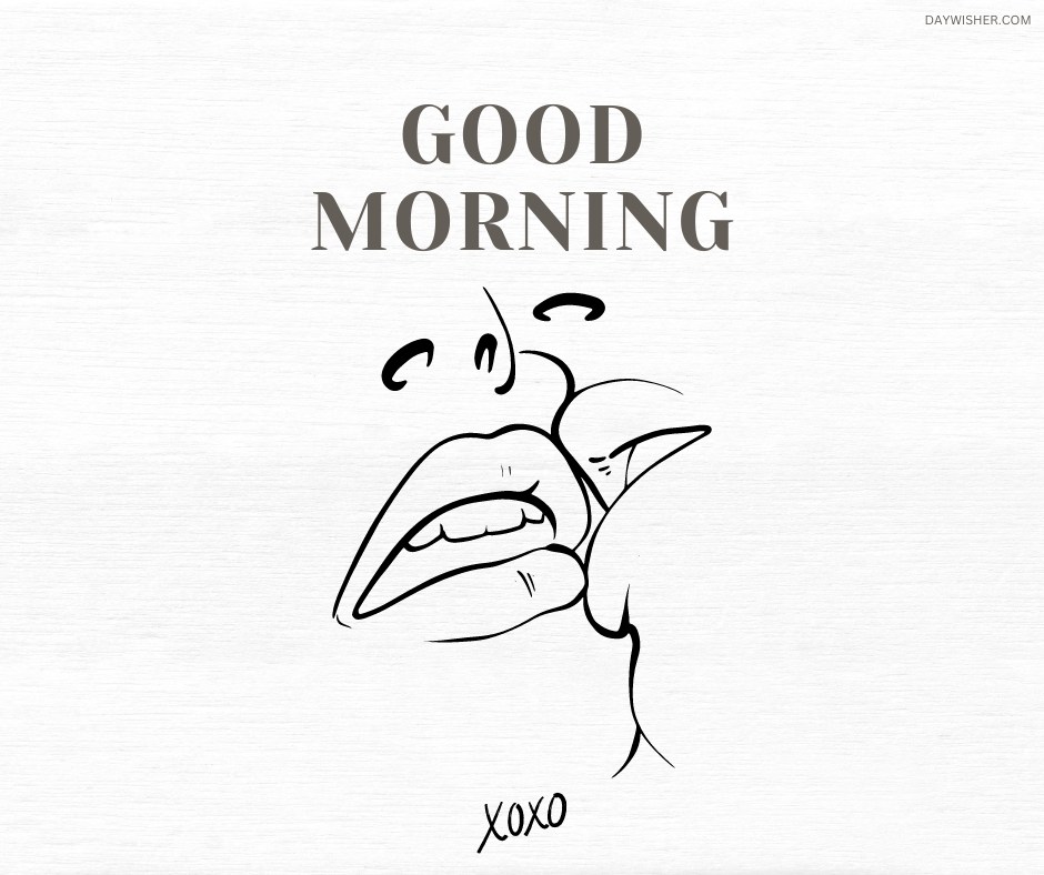 A minimalist line drawing of a couple sharing a passionate kiss, with the words "Good Morning" in bold letters above and "xoxo" below. The simple yet expressive design on a white background is perfect for conveying morning affection.