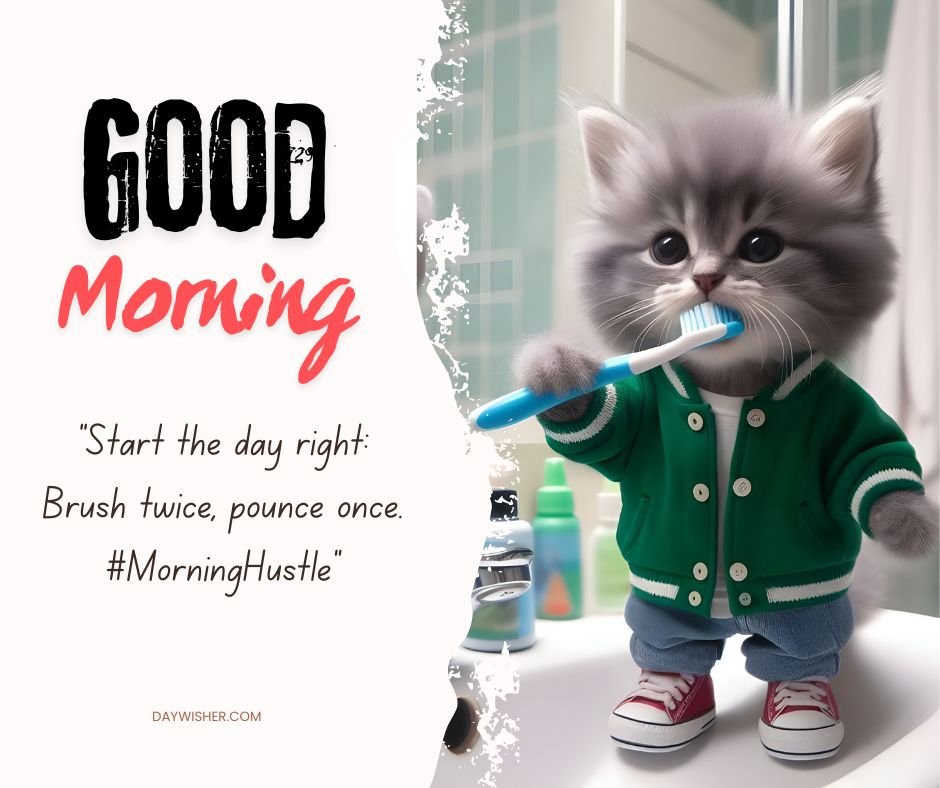 A cute gray kitten standing on a bathroom sink, brushing its teeth while dressed in a stylish green jacket and jeans. The kitten, reflected in the bathroom mirror, focuses intently on the task, with a toothbrush held firmly in its tiny paws. The setting includes everyday bathroom items, creating a relatable morning routine scene.