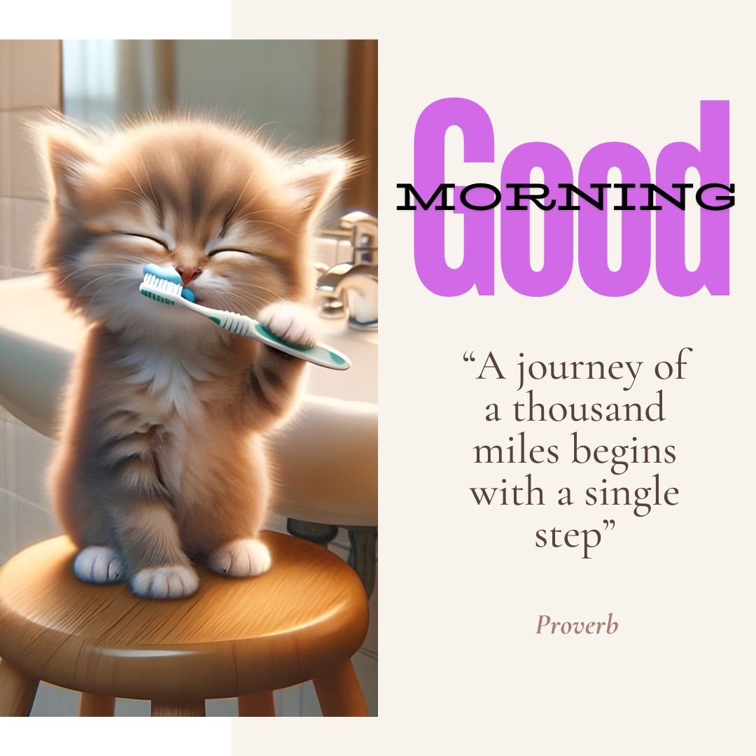 An adorable fluffy kitten, sitting on a wooden stool in a bathroom, happily brushes its teeth with a green and white toothbrush. The kitten's eyes are closed in contentment, and its whiskers are slightly twitching, adding a touch of cuteness to the morning routine. The light-filled bathroom provides a fresh and cheerful setting, perfect for a "Good Morning" scene.