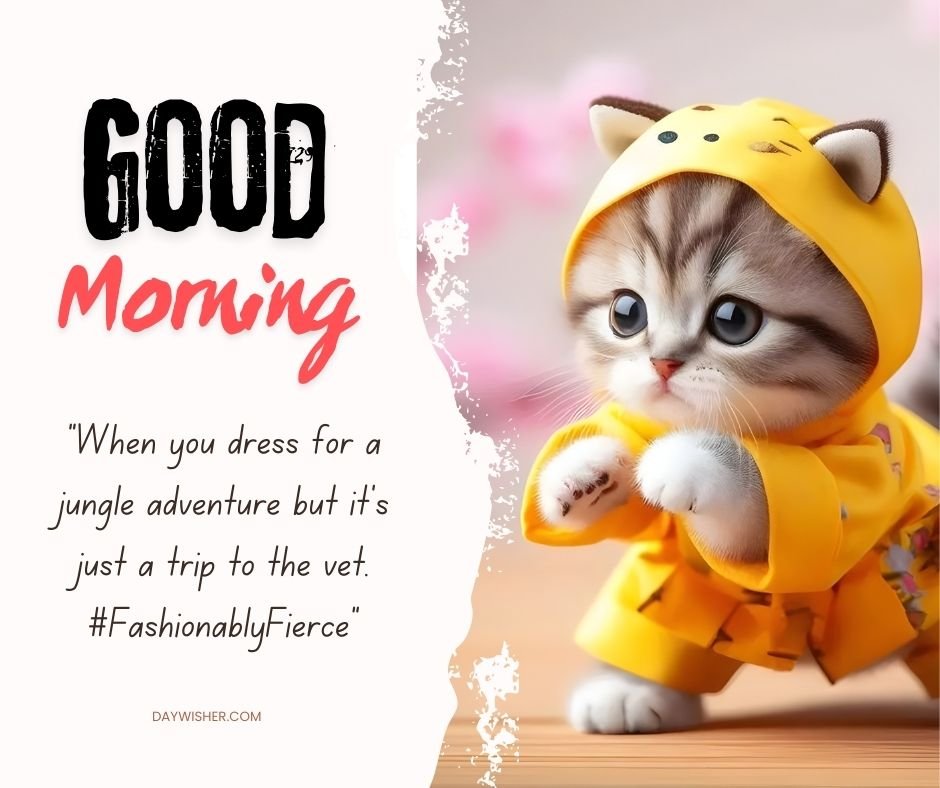 An adorable kitten clad in a bright yellow tiger-patterned hoodie with a cute hood featuring small ears. The kitten's striking blue eyes and playful pose make it seem as if it's ready to pounce, adding a touch of whimsy against a soft, blurred pink floral background.