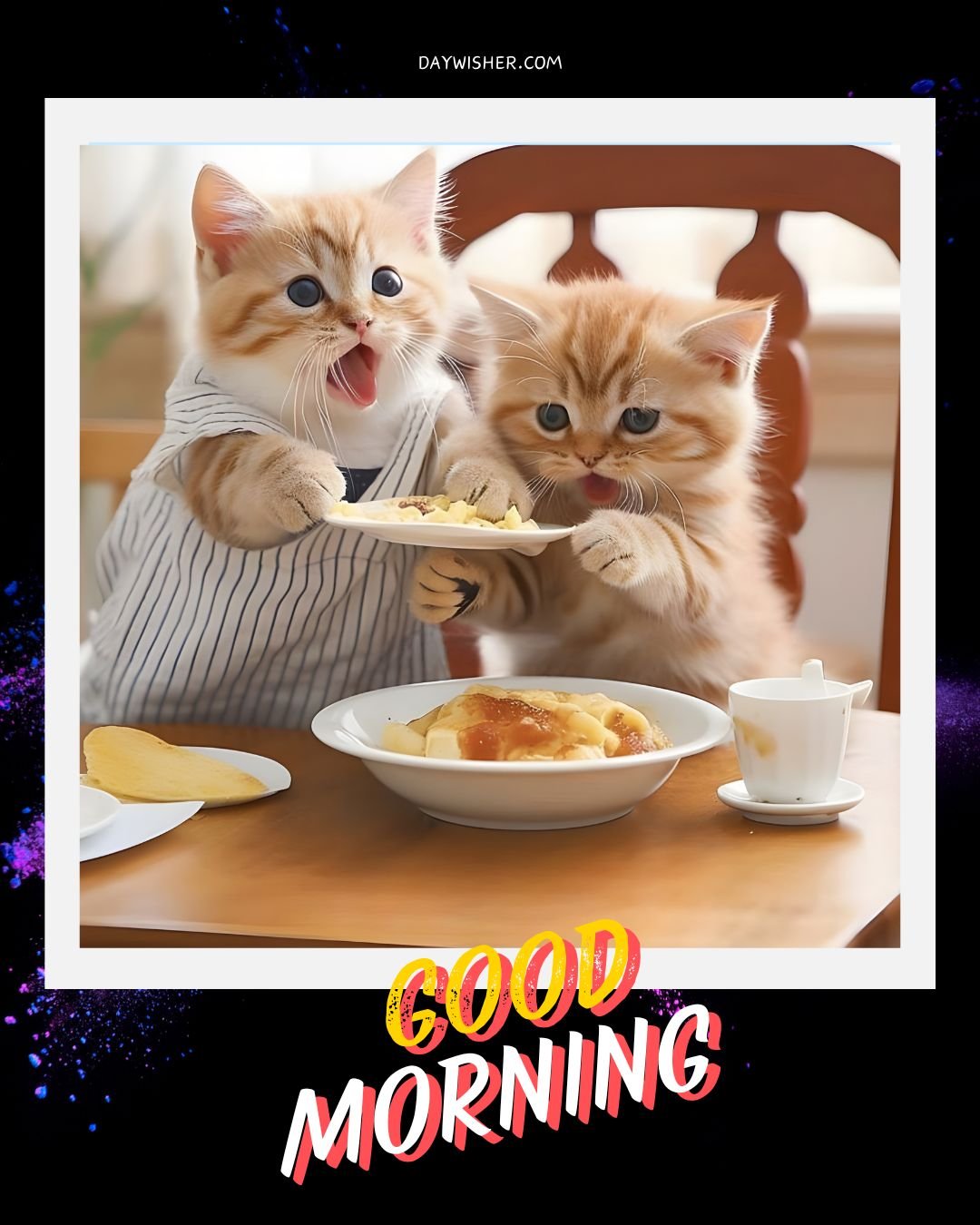 Two adorable kittens wearing a bib and holding a plate of croissants at a breakfast table, with the text "Good Morning Cat Images" at the bottom.