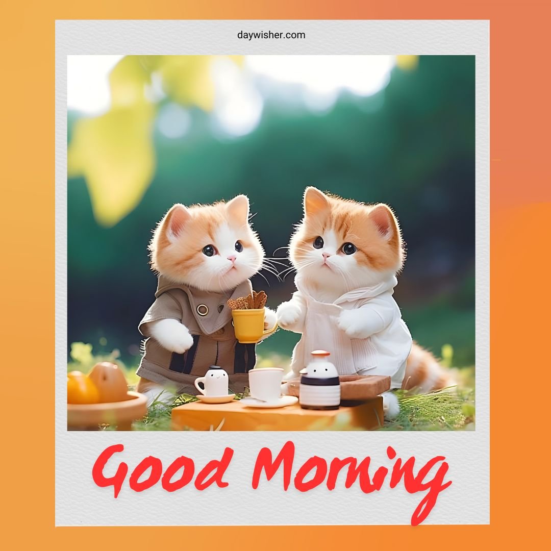 Two cute, anthropomorphized kittens dressed in human clothes having a tea party outdoors with a "Good Morning Cat Images" text above them.