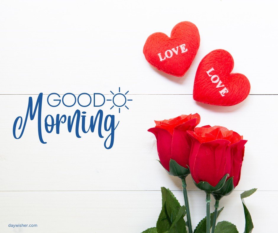 A charming image featuring three vivid red roses and two plush hearts with the word "LOVE" embroidered on them, positioned against a clean white background with a playful "Good Morning" script. This heartwarming setup is perfect for sending love and positivity in the morning.