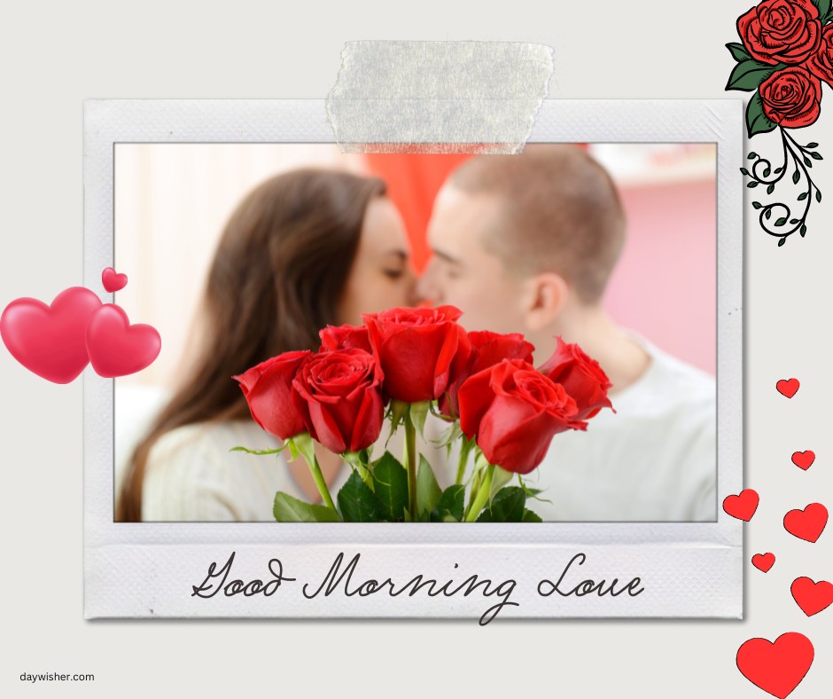 A heartwarming image of a couple sharing a kiss in the background, with a bouquet of red roses in the foreground. The text "Good Morning Love" is elegantly written below the image, adorned with heart and rose illustrations, conveying a romantic morning greeting.