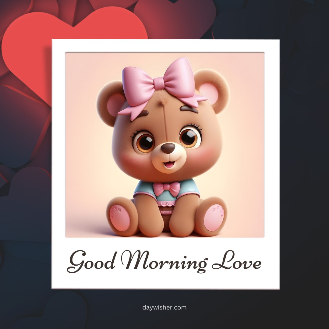 A cute good morning teddy bear with a pink bow and outfit, sitting with a gentle smile. The image features the text "Good Morning Love" and has a background with red heart shapes, creating a warm and loving atmosphere.