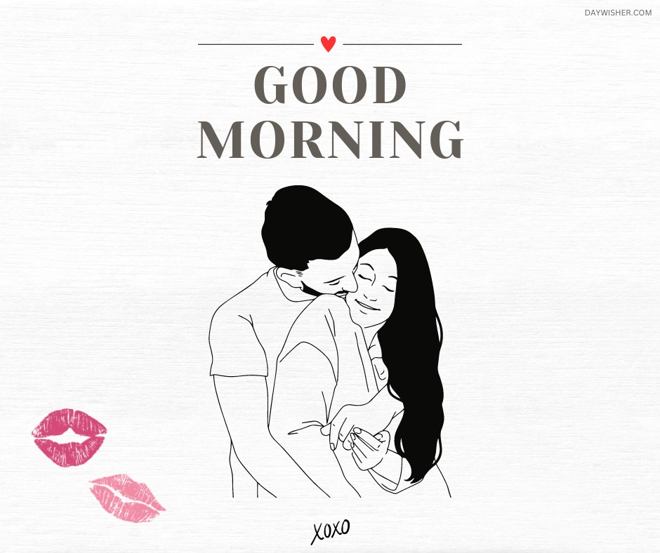 A line drawing of a couple in a loving embrace, with the man kissing the woman on the forehead. The words "Good Morning" are written above with a small red heart, and "xoxo" at the bottom. Pink lip prints add a touch of romance, making this image perfect for a heartfelt morning greeting.