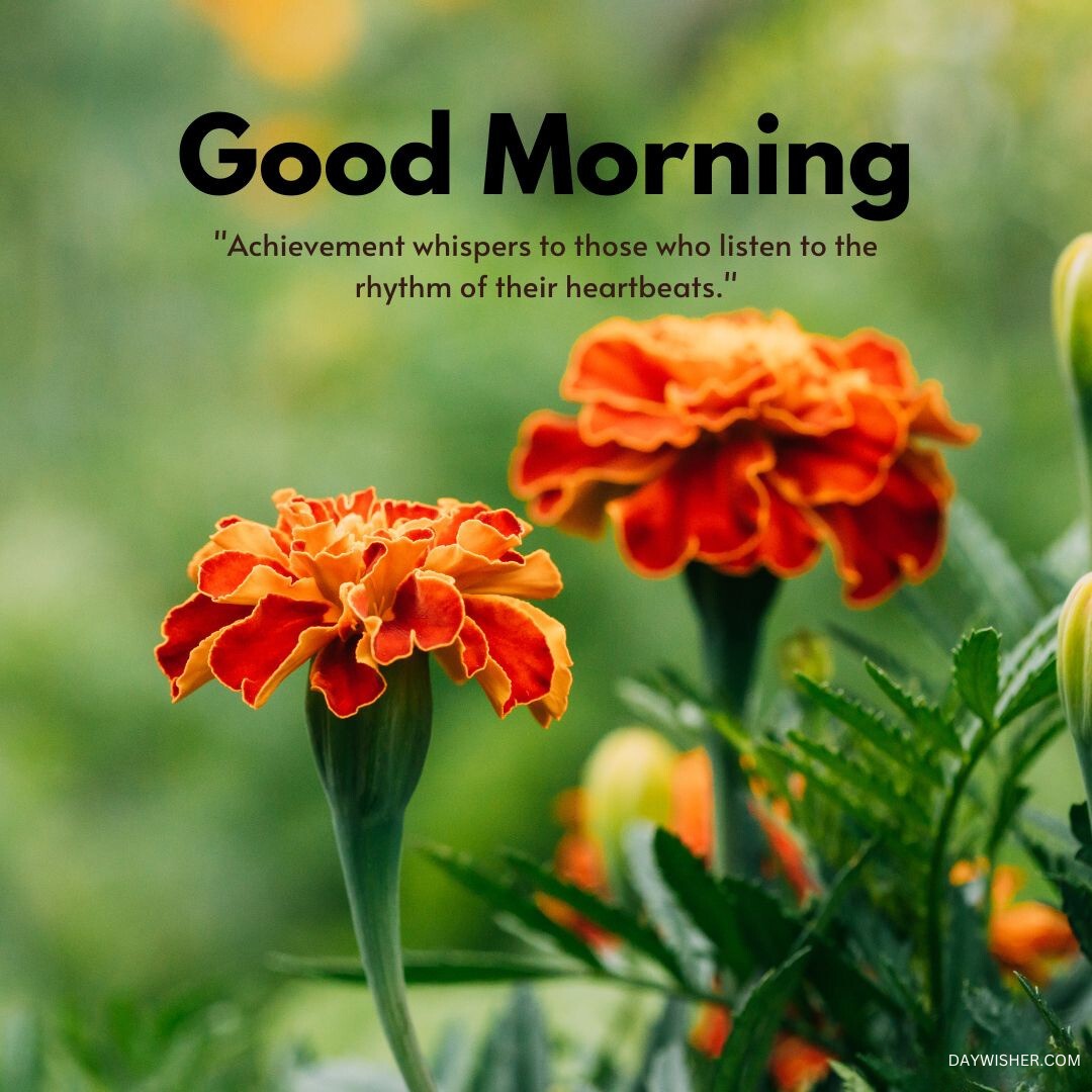 Vivid orange marigolds in full bloom with a fresh morning dew, accompanied by an inspiring good morning message about achievement and listening to one's heartbeat, ideal for a good morning flowers image that motivates and uplifts.