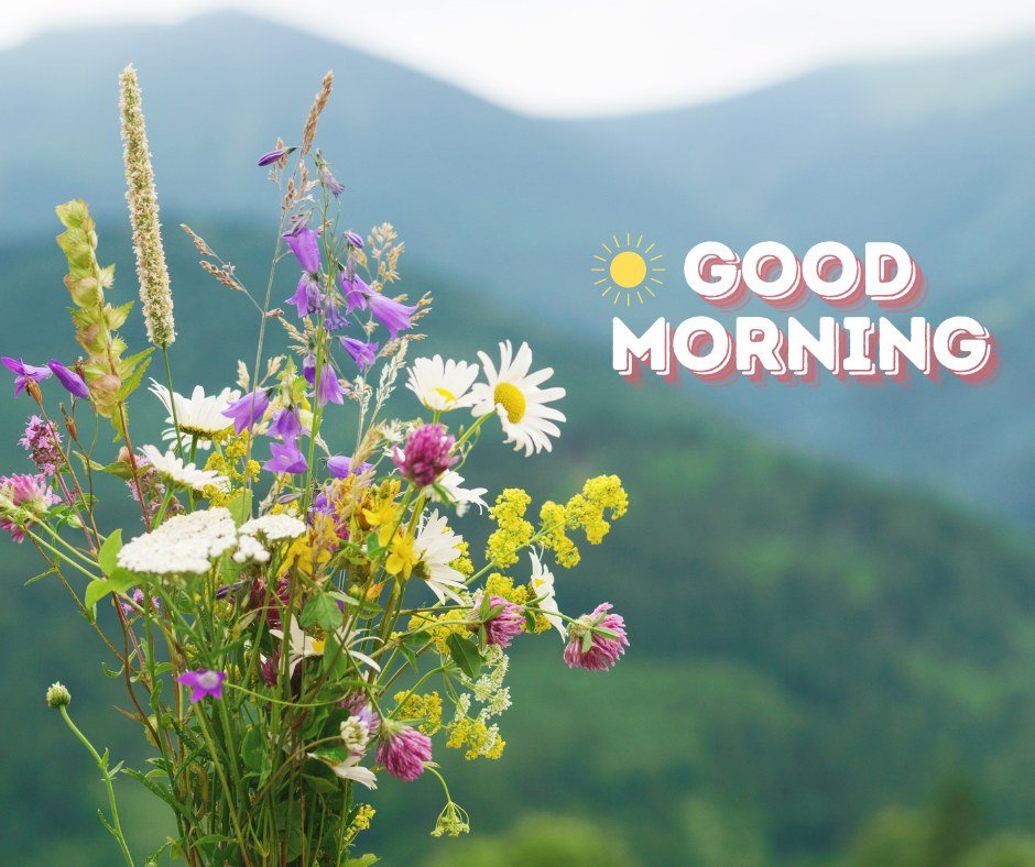 A vibrant good morning image featuring a bouquet of colorful wildflowers, including daisies and purple blooms, set against a backdrop of lush green mountains. The text "Good Morning" is written in a cheerful font with a sun illustration. This image captures the freshness and beauty of nature, perfect for a bright and uplifting morning greeting.