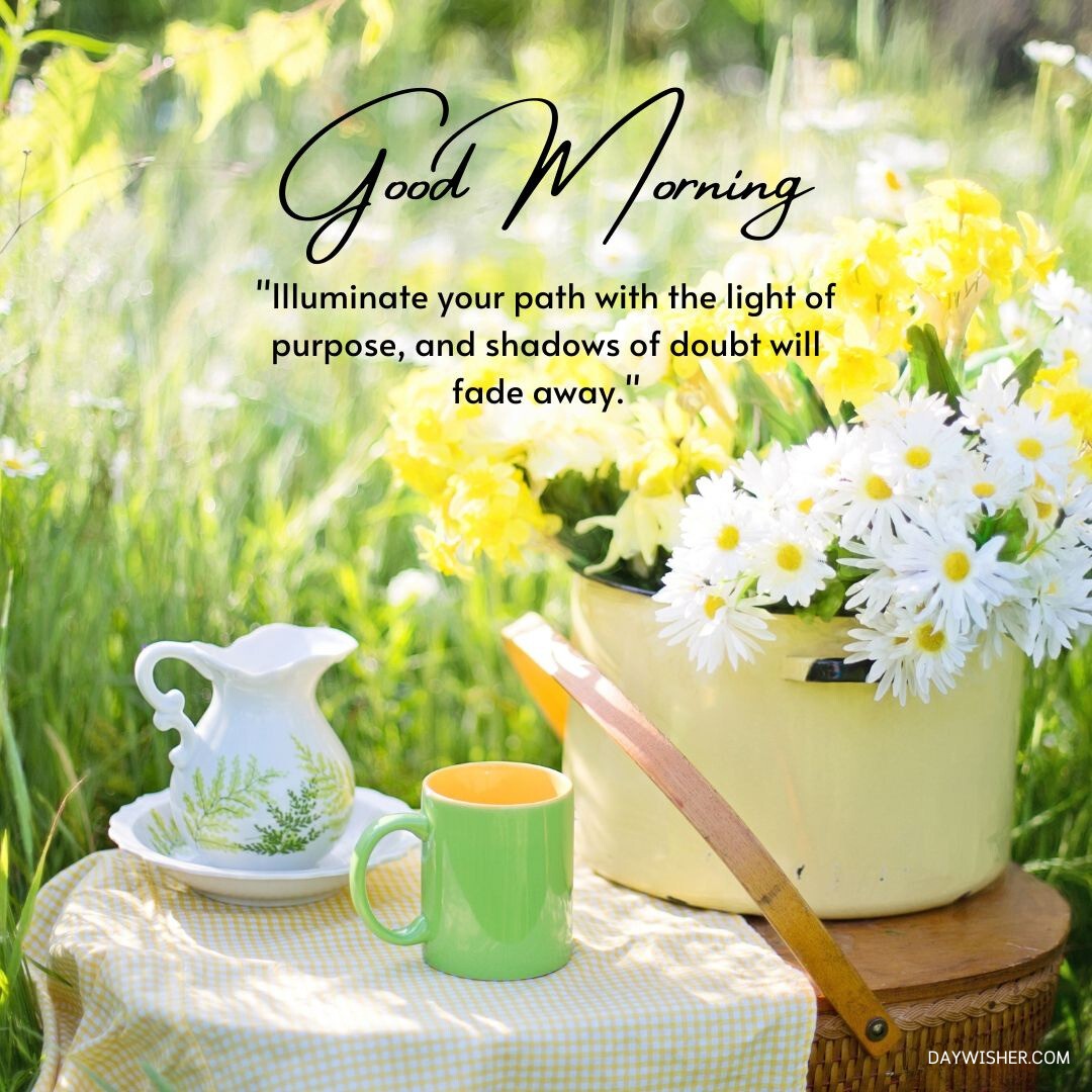 A picturesque morning scene featuring a yellow bucket filled with fresh white daisies and yellow flowers, set on a picnic table with a checkered cloth. A white pitcher and a green mug complete this serene setting, illuminated by sunlight. This good morning flowers image captures the essence of a peaceful start to the day, perfect for inspiring a sense of purpose.