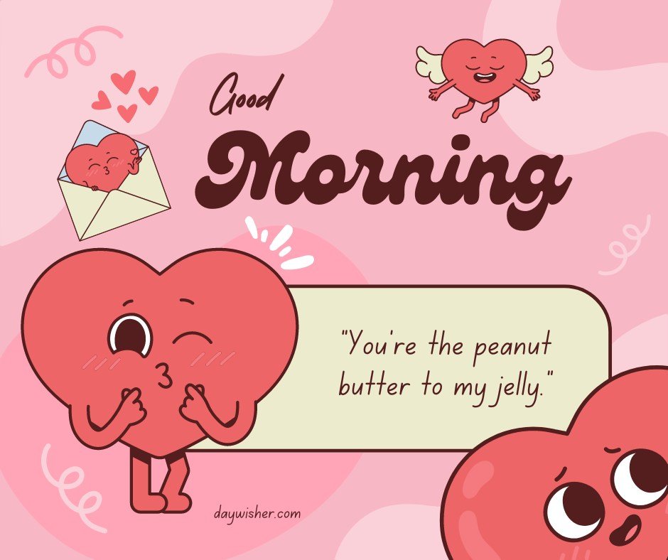 A playful good morning heart image featuring cute cartoon heart characters with various expressions. One heart is inside an envelope, another is blowing a kiss, and a third is flying with angel wings. The text "Good Morning" is prominently displayed, along with the quote, "You're the peanut butter to my jelly." The background is light pink with whimsical patterns, making this image perfect for sending fun and loving morning greetings.