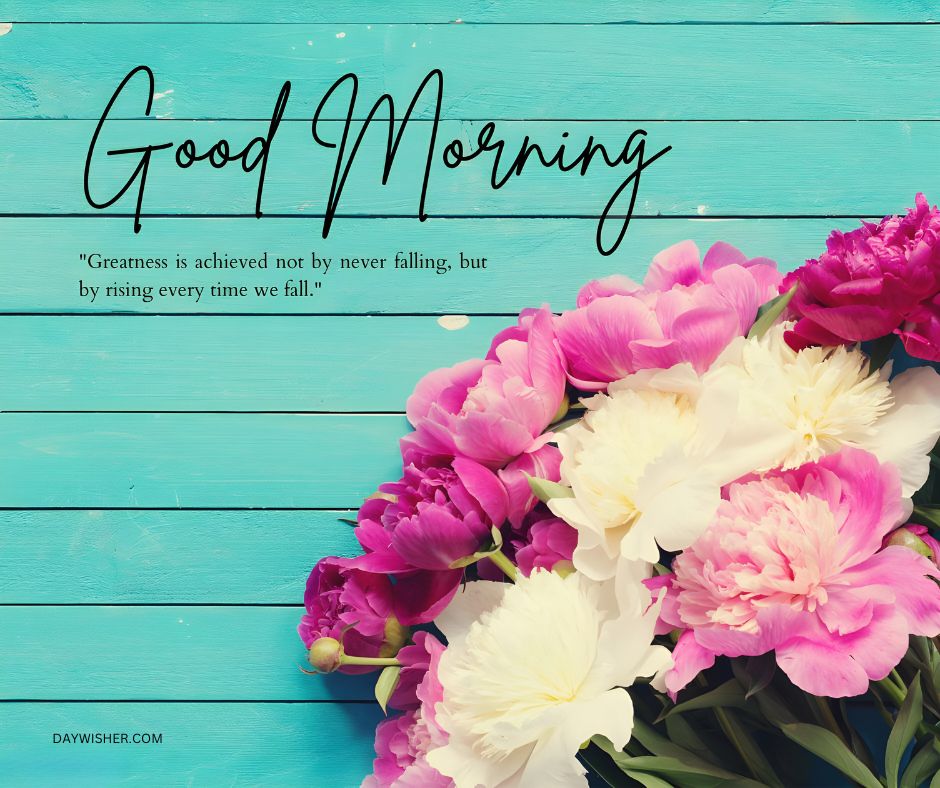 A bouquet of vibrant peonies in shades of pink and white laid on a turquoise wooden background, enhanced with a motivational good morning quote, ideal as a good morning flowers image for an inspiring start.