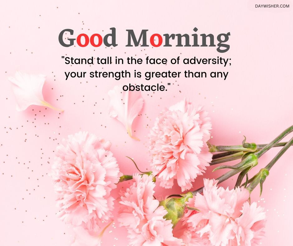 A delightful arrangement of pink carnations and delicate lilies scattered on a soft pink background with black speckles, accompanied by a good morning quote about standing strong in adversity. Perfect for sharing as good morning flowers images to inspire strength and resilience.