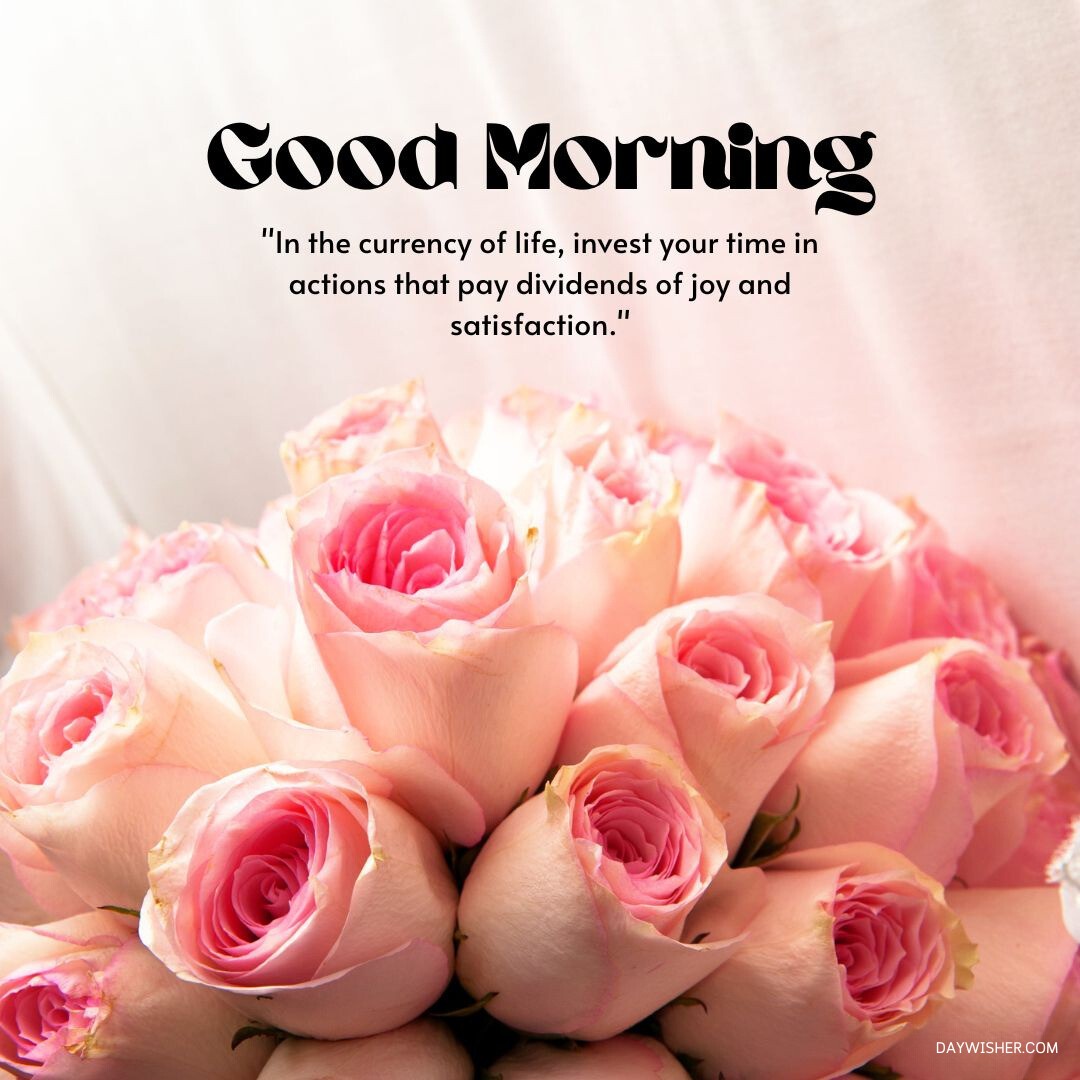 A closeup of a bouquet of soft pink roses, each petal delicately unfurling, set against a creamy white background. The image is accompanied by an inspiring good morning message about investing time wisely, making it a perfect choice for sharing as good morning flowers images that bring joy and satisfaction