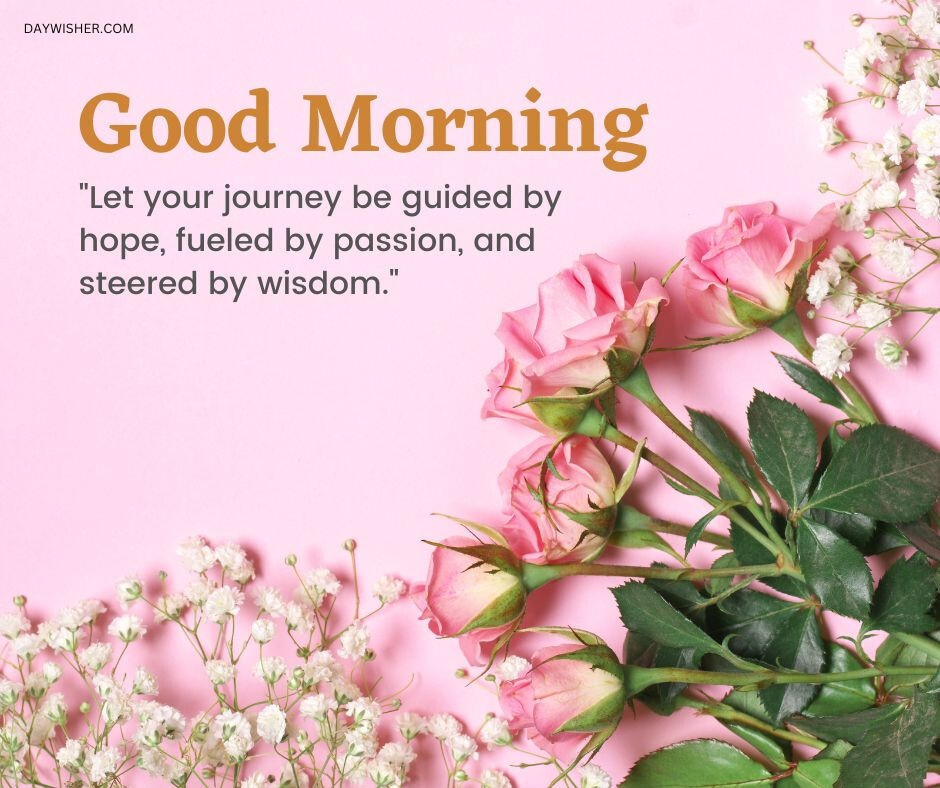 Pink roses alongside delicate white flowers on a soft pink background, featuring a thoughtful good morning message about hope and wisdom, making this a perfect good morning flowers image to inspire a positive start to the day.