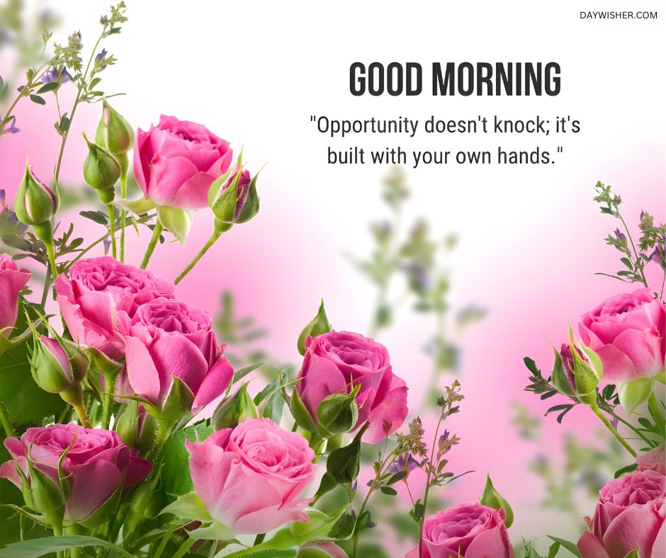 Vibrant pink roses in full bloom, accompanied by an inspiring good morning quote on opportunity, presented as an ideal good morning flowers image for a refreshing start.