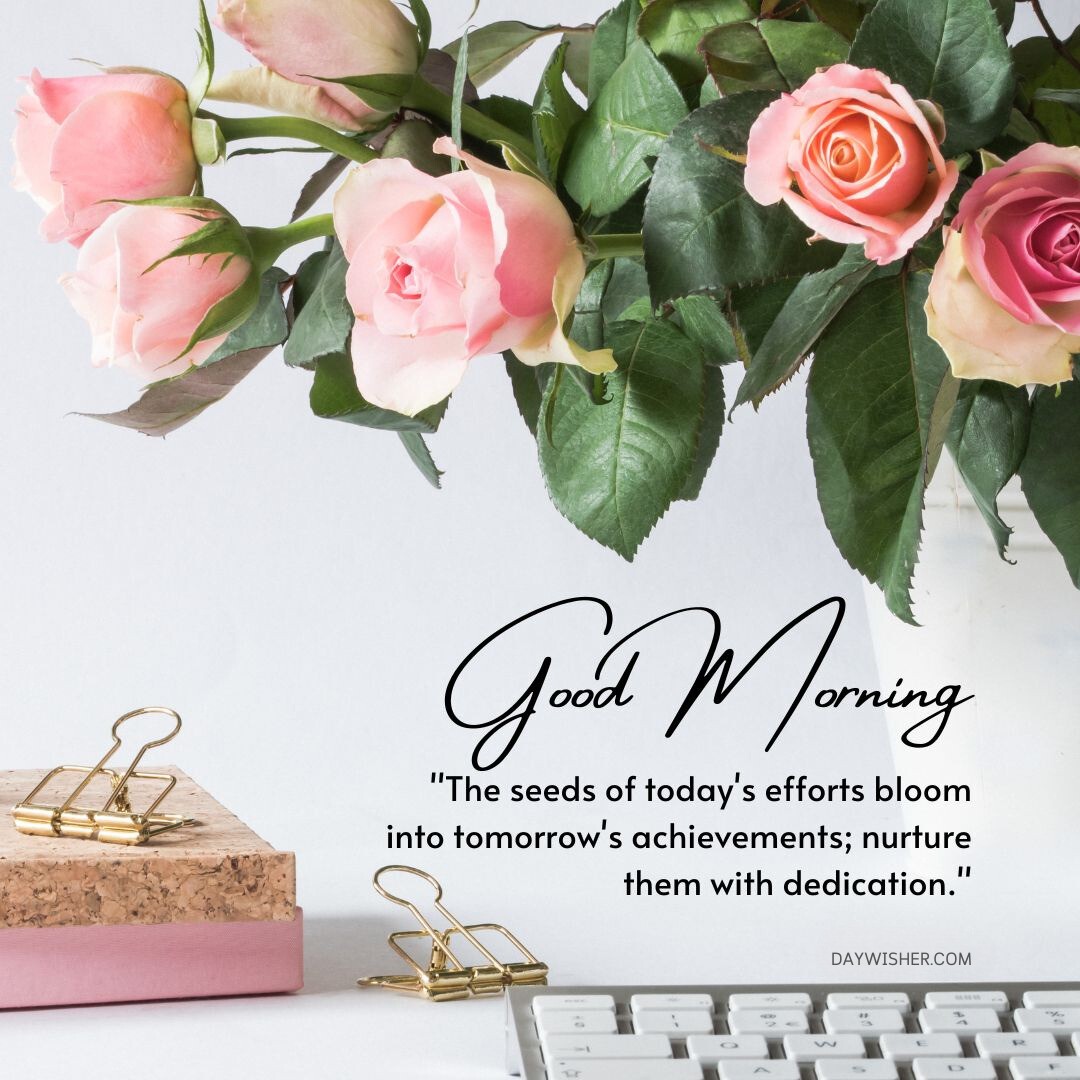 A fresh bouquet of pink roses alongside stylish office supplies including gold clips on a pink notepad and a keyboard, set against a white background. This good morning flowers image beautifully combines elements of nature and work, accompanied by an inspirational quote about dedication and achievement. Perfect for inspiring motivation and positivity in the morning.