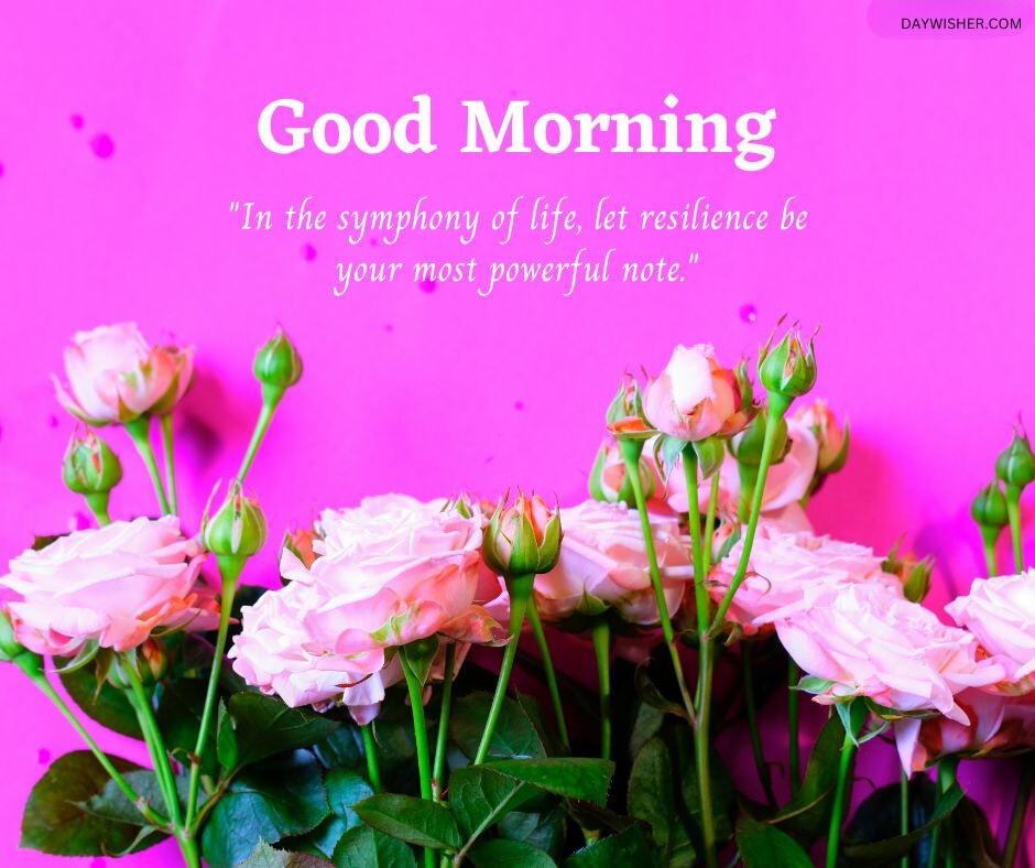 Light pink roses with budding blooms and rich green leaves set against a vivid pink background. This good morning flowers image beautifully conveys resilience and beauty, accompanied by an inspirational quote about life's symphony. Ideal for sharing as a vibrant and motivational good morning flowers image to start the day with strength and positivity.