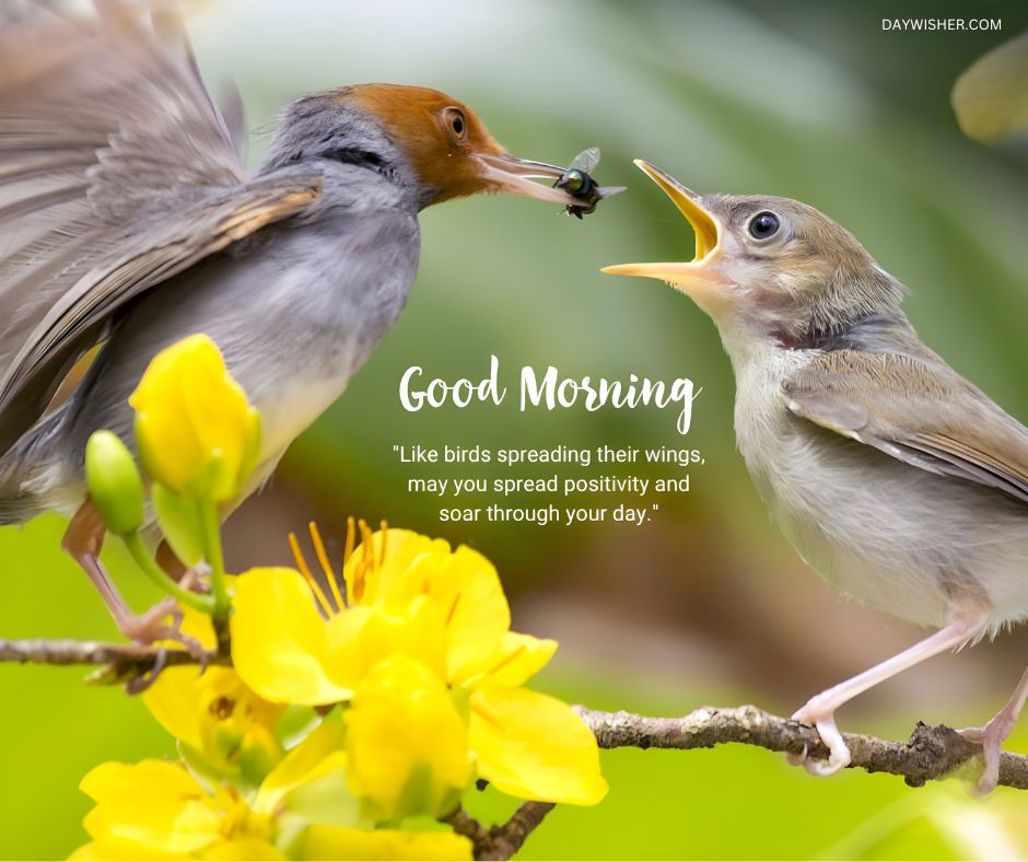 A vividly captivating image of a parent bird feeding its young amidst the vibrant yellow blooms of spring. This beautiful scene captures a fleeting moment of care and nurture in the natural world, illustrating the theme of growth and vitality. The phrase 'Good Morning - Like birds spreading their wings, may you spread positivity and soar through your day' enhances the message, promoting an uplifting start to the day.