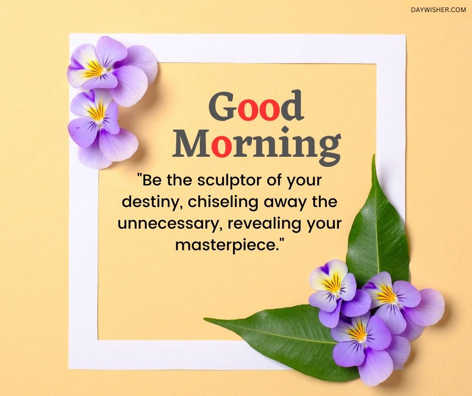 A creative arrangement of purple pansies and lush green leaves on a yellow background, framed by a white border. Accompanied by a good morning quote about shaping your destiny, this image is perfect for sharing as good morning flowers images, inspiring a positive start to the day.