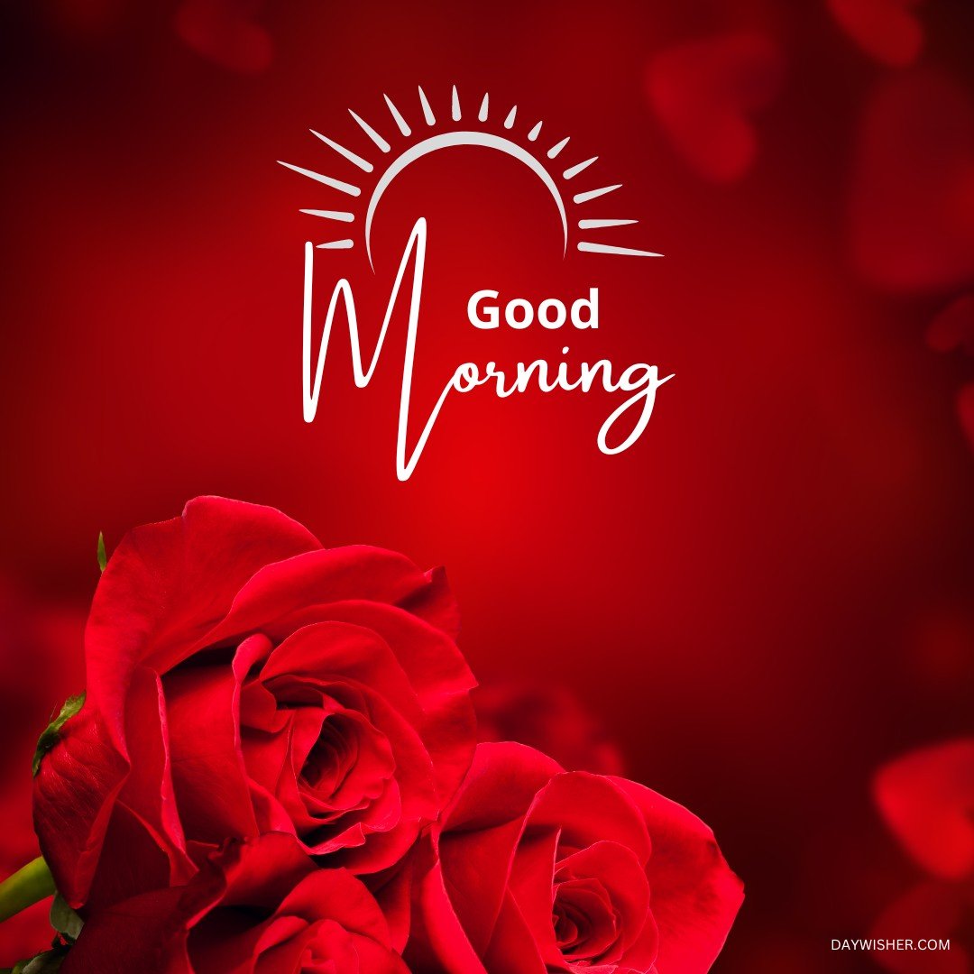 A vivid bouquet of red roses set against a deep red backdrop, highlighted by a stylish "Good Morning" text within a sun-like emblem. This image exudes warmth and vibrancy, perfect for a passionate and energizing morning message.