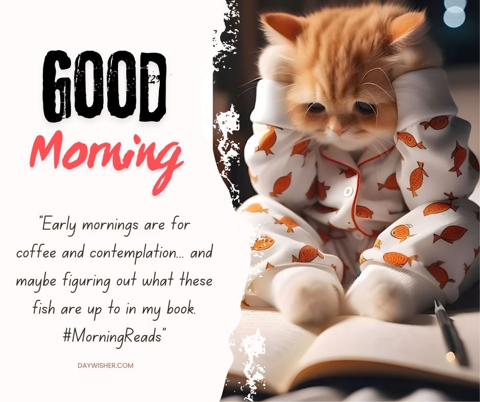 A charming scene featuring a fluffy ginger kitten dressed in white pajamas adorned with orange fish, sitting up and reading a book in the early morning. The kitten, deeply engrossed in the pages, displays a look of curiosity and focus, surrounded by a softly lit room that captures the quiet peace of morning.