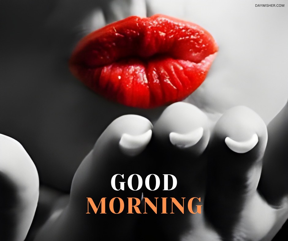 Close-up image of red lips blowing a kiss with "Good Morning" text, perfect for morning greetings filled with love and affection.