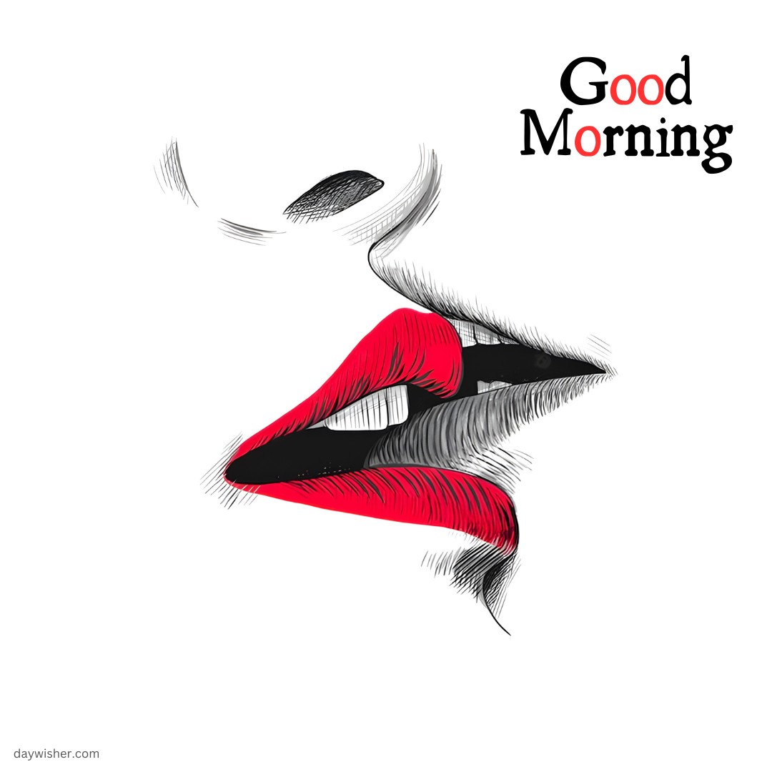 Illustration of red lips with the text "Good Morning" written above, symbolizing a morning kiss. Ideal for conveying love and affection in the morning.