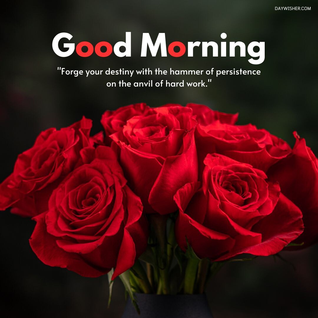 A bouquet of vivid red roses in the foreground with a deep green background, featuring an inspiring good morning quote about forging destiny through persistence and hard work, making this a perfect good morning flowers image for motivation and encouragement.