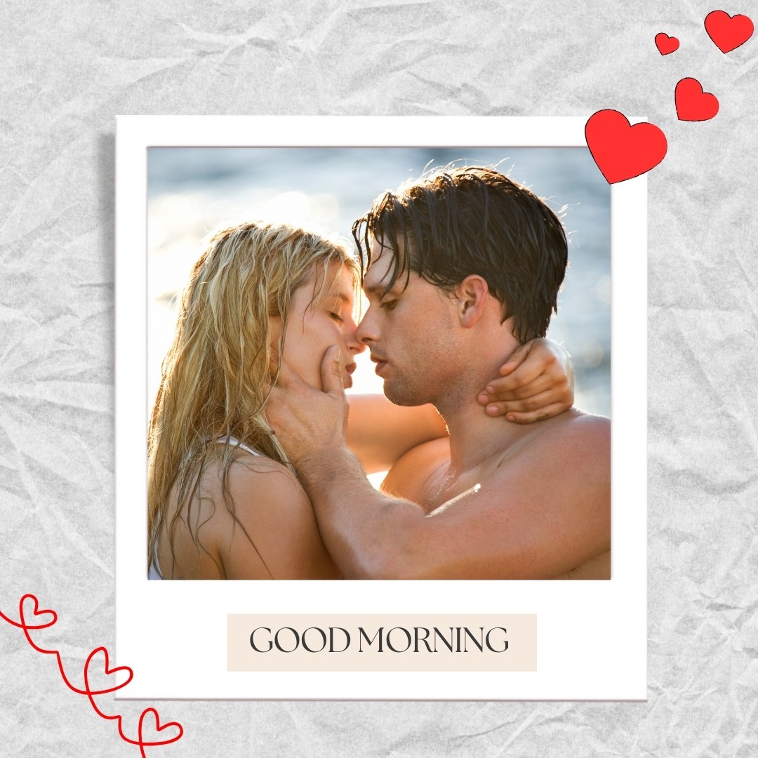 A romantic photo of a couple sharing an intimate kiss at the beach, framed in a polaroid style with the text "Good Morning" at the bottom. Red hearts and a crumpled paper background add a charming touch, perfect for a heartfelt morning greeting.