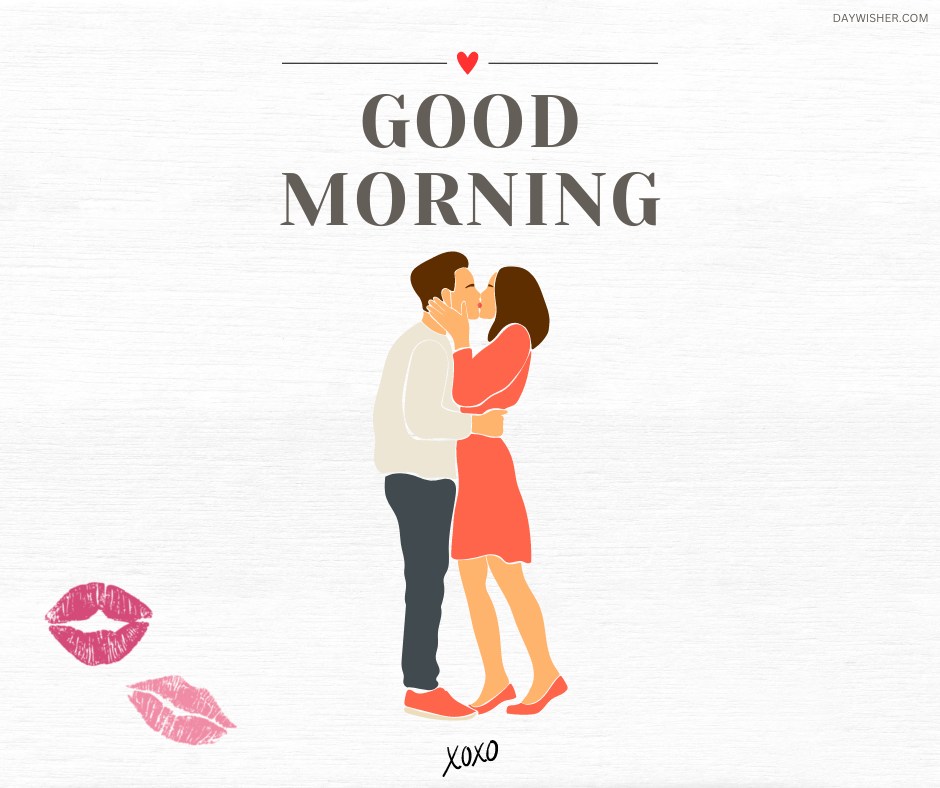 An illustration of a couple sharing a loving kiss, with the woman in a red dress and the man in casual attire. The words "Good Morning" are written above with a small red heart, and "xoxo" at the bottom. Pink lip prints add a romantic touch, perfect for a sweet morning greeting.