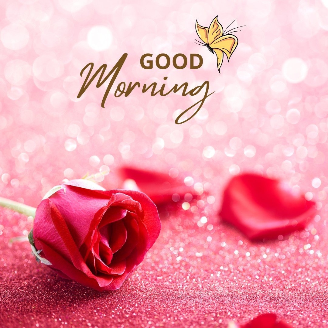 A dazzling image of a bright red rose with a delicate butterfly and shimmering hearts on a pink glittery background, complemented by a graceful "Good Morning" inscription in gold script. Ideal for sharing a warm, affectionate morning greeting.