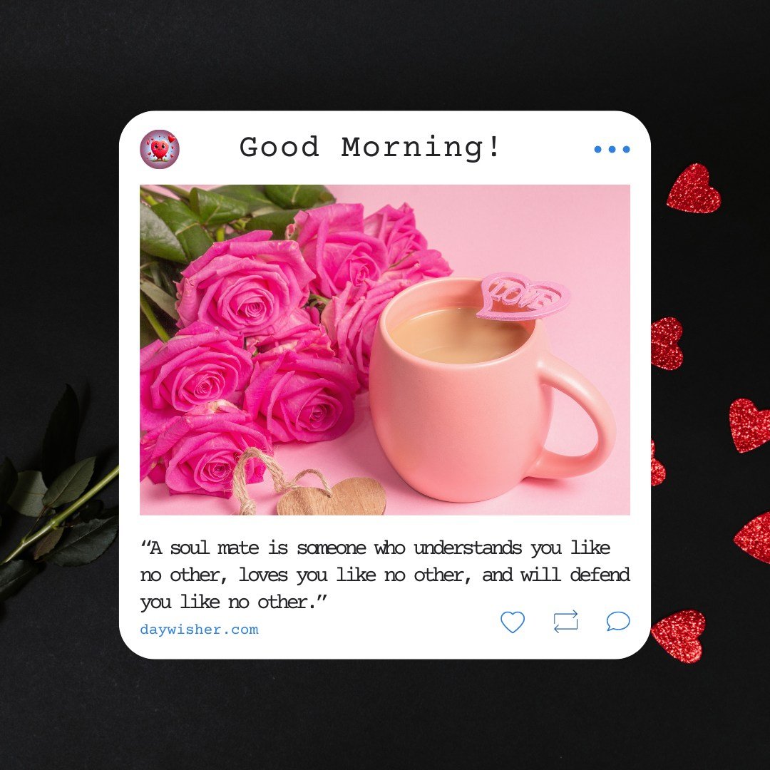 A charming good morning heart image featuring a pink coffee cup with a heart-shaped "Love" stirrer, placed next to a bouquet of vibrant pink roses. The background is soft pink, and the text "Good Morning!" is displayed at the top. Below the image is the quote, "A soul mate is someone who understands you like no other, loves you like no other, and will defend you like no other." This beautiful and romantic image is perfect for sending morning greetings to someone special.