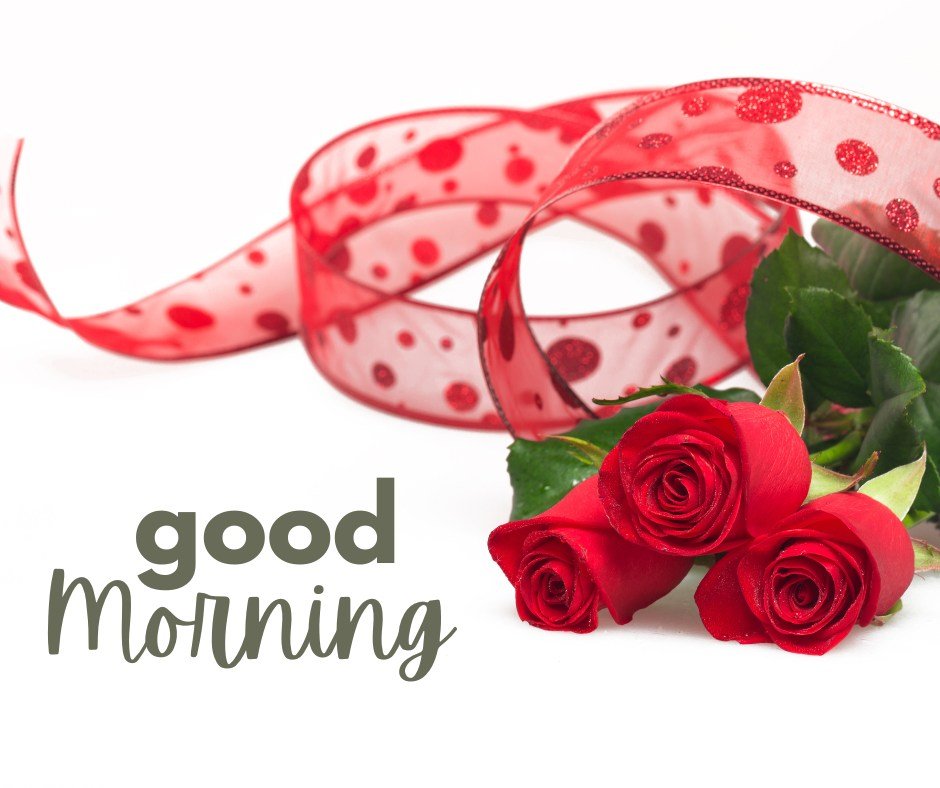 A festive arrangement of three vivid red roses intertwined with a playful red ribbon adorned with white polka dots, all set against a clean white background. The image is capped with a modern "good morning" greeting in stylish grey font, creating a lively and inviting atmosphere for a joyful morning message.