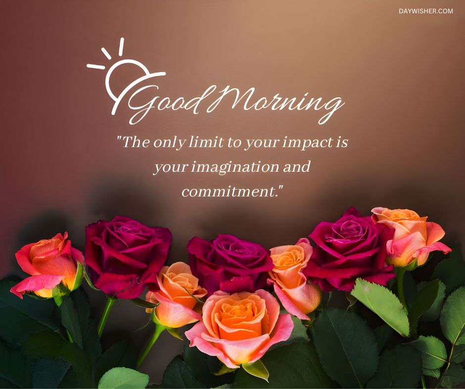 An array of beautiful roses in rich shades of pink and orange on a dark gradient background, featuring a motivational good morning quote about imagination and commitment, perfect as a good morning flowers image to inspire creativity and dedication.