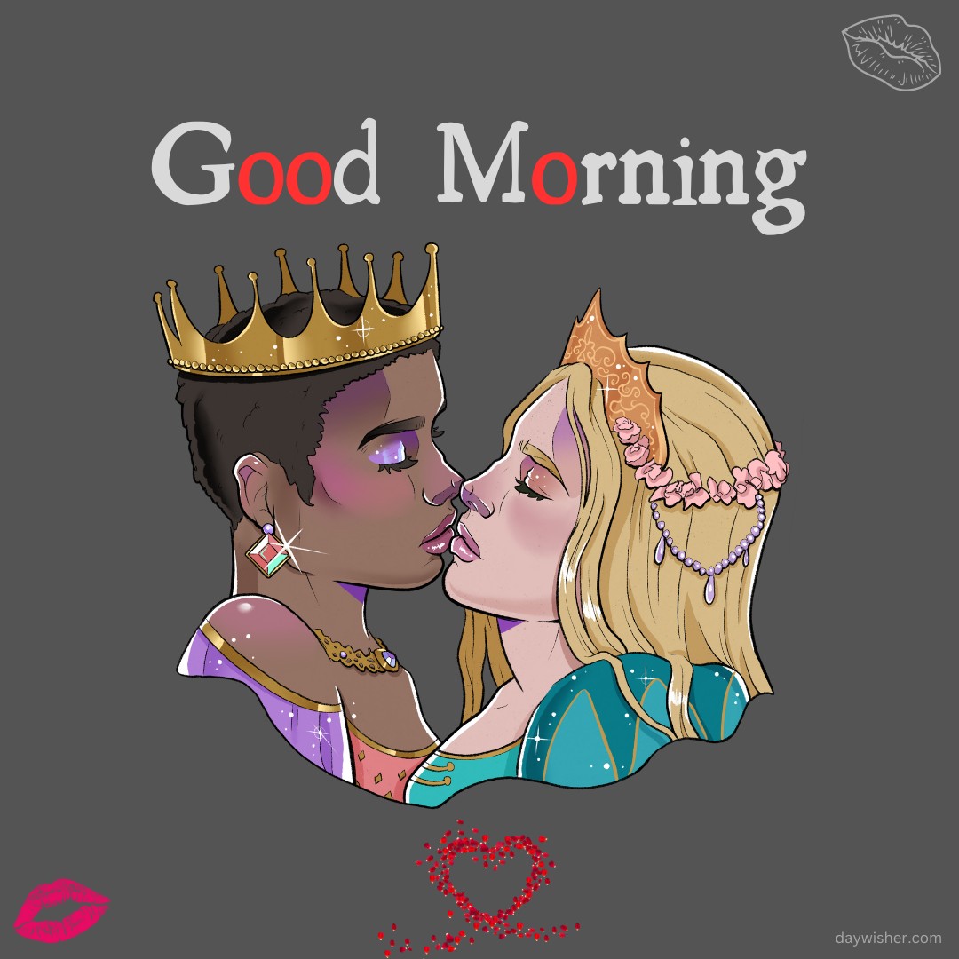 An illustration of two royals sharing a loving kiss, both wearing crowns and regal attire. The text "Good Morning" is written above in stylish letters, accented with a red 'O'. Pink lip prints and a glittery heart add a romantic touch, making this image perfect for a majestic morning greeting.