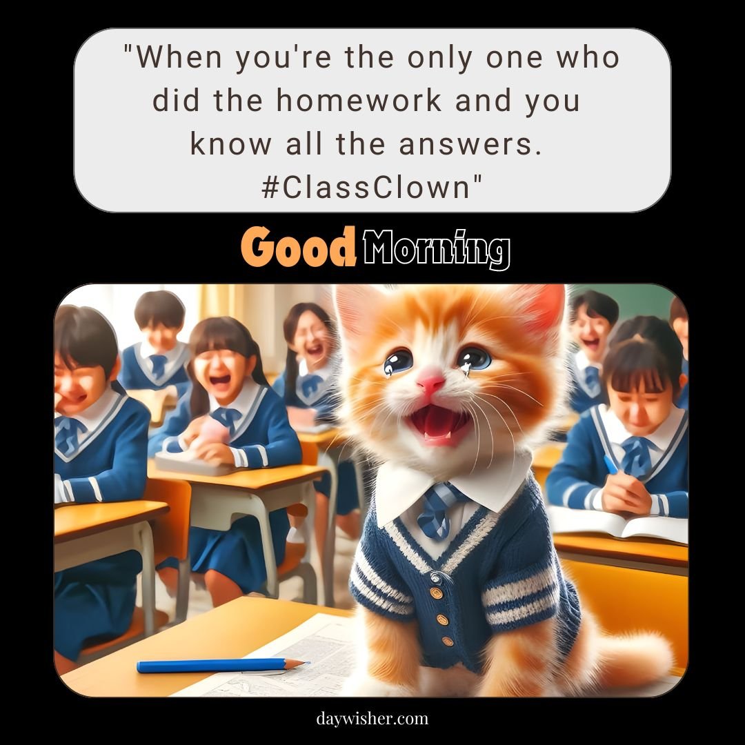 A delightful scene in a classroom with a small kitten dressed in a school uniform, standing on a textbook and joyfully meowing. The kitten's fur is bright orange and white, and it wears a blue and white school sweater. The background shows a group of laughing students in school uniforms, creating an atmosphere of fun and learning.