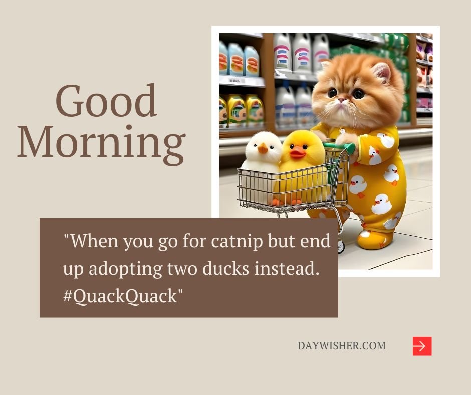 A cute, fluffy orange cat in a yellow onesie adorned with duck patterns pushes a shopping cart in a supermarket aisle. The cart contains two adorable toy ducks, one yellow and one white, looking as if they are enjoying their grocery shopping adventure with their feline friend.