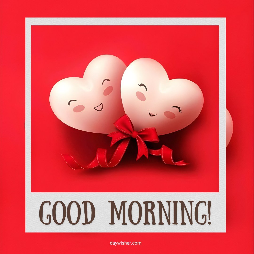 A delightful good morning heart image featuring two smiling heart-shaped characters adorned with a red ribbon, set against a vibrant red background. The cheerful text "Good Morning!" is displayed below the hearts in a playful font. This charming image is perfect for sending warm and joyful morning greetings.