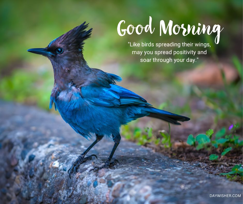 A striking image of a Steller's Jay, vibrant with its rich blue feathers and upright crest, poised on a rocky ground amidst a verdant setting. The bird's intense gaze adds a lively touch to the serene environment. Accompanied by an uplifting morning message, "Good Morning - 'Like birds spreading their wings, may you spread positivity and soar through your day.'" This image embodies the spirit of optimism and freedom, perfect for a fresh morning greeting.