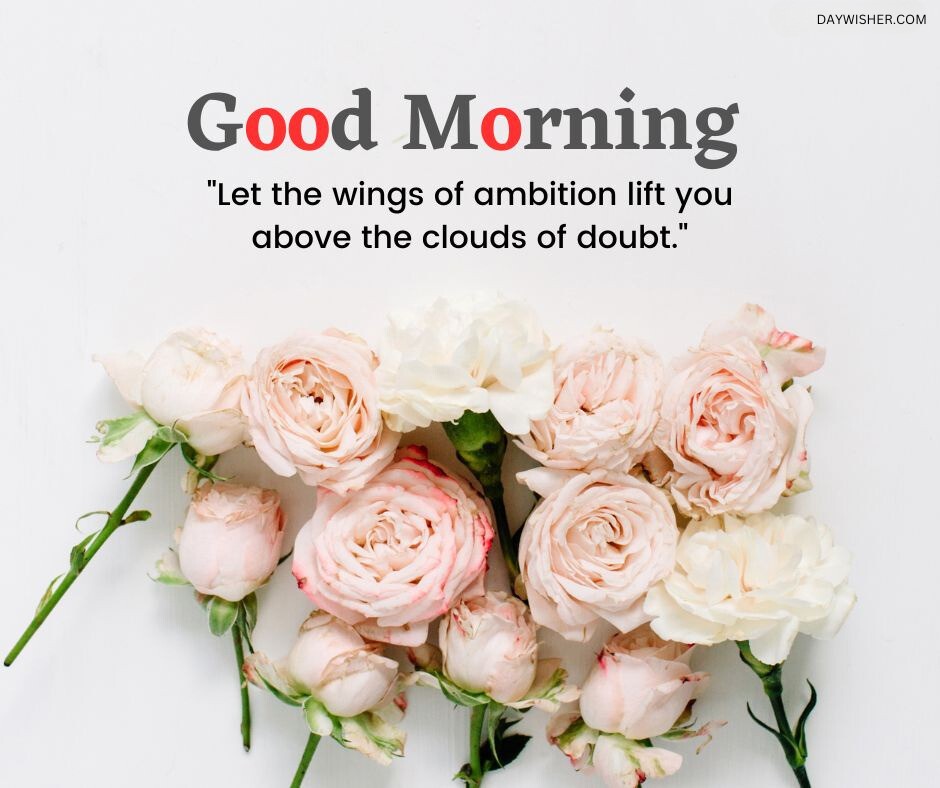 A bouquet of soft pink and white roses arranged on a bright white background, paired with an uplifting good morning quote about ambition. Ideal for sharing as good morning flowers images to inspire and uplift.