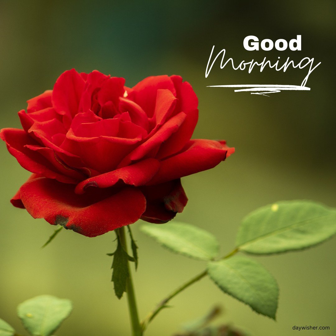 A single stunning red rose in full bloom against a soft green background, highlighted by a graceful "Good Morning" script. This image captures the essence of natural beauty and serenity, perfect for a peaceful and inspiring morning greeting.