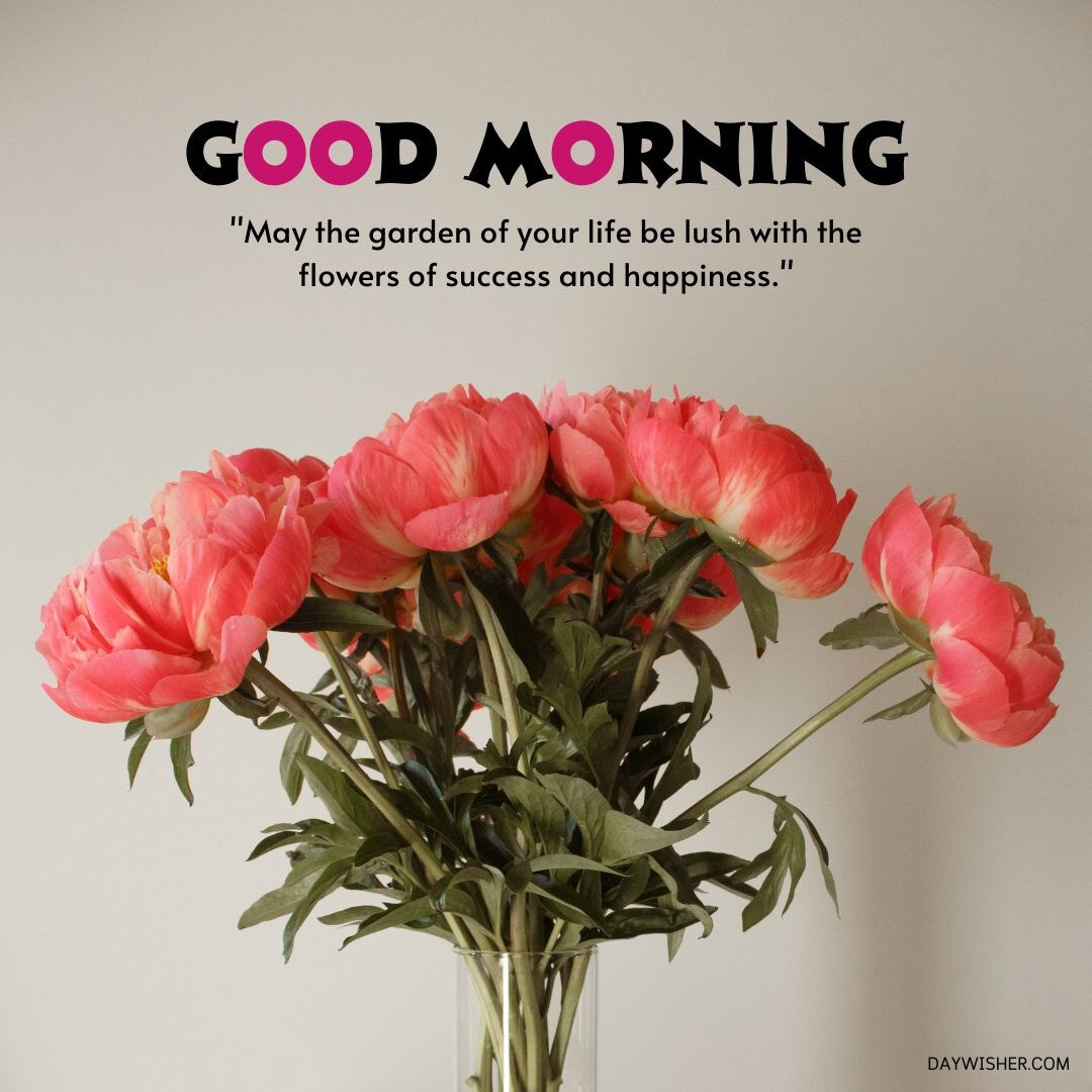 A vibrant bouquet of pink peonies displayed in a clear glass vase against a neutral grey background. The peonies are in full bloom, showcasing their lush, rounded petals and rich color, which radiate with the freshness of a summer morning. The bouquet, dense and abundant, symbolizes growth and prosperity. This image is paired with an encouraging quote about the flourishing garden of life, making it an ideal good morning wish for a bright and successful day.